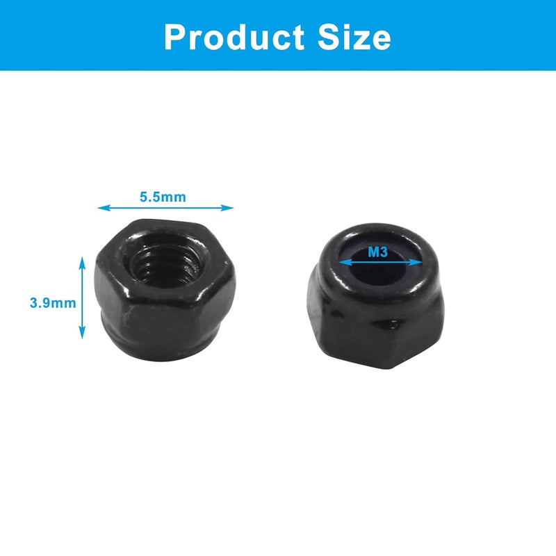 Hitefu 110PCS M3 x 0.5mm Hex Lock Nuts, Black Nylon Lock Non-Slip Nut, Carbon Steel Self-Locking Nuts for Fasteners - Image 5